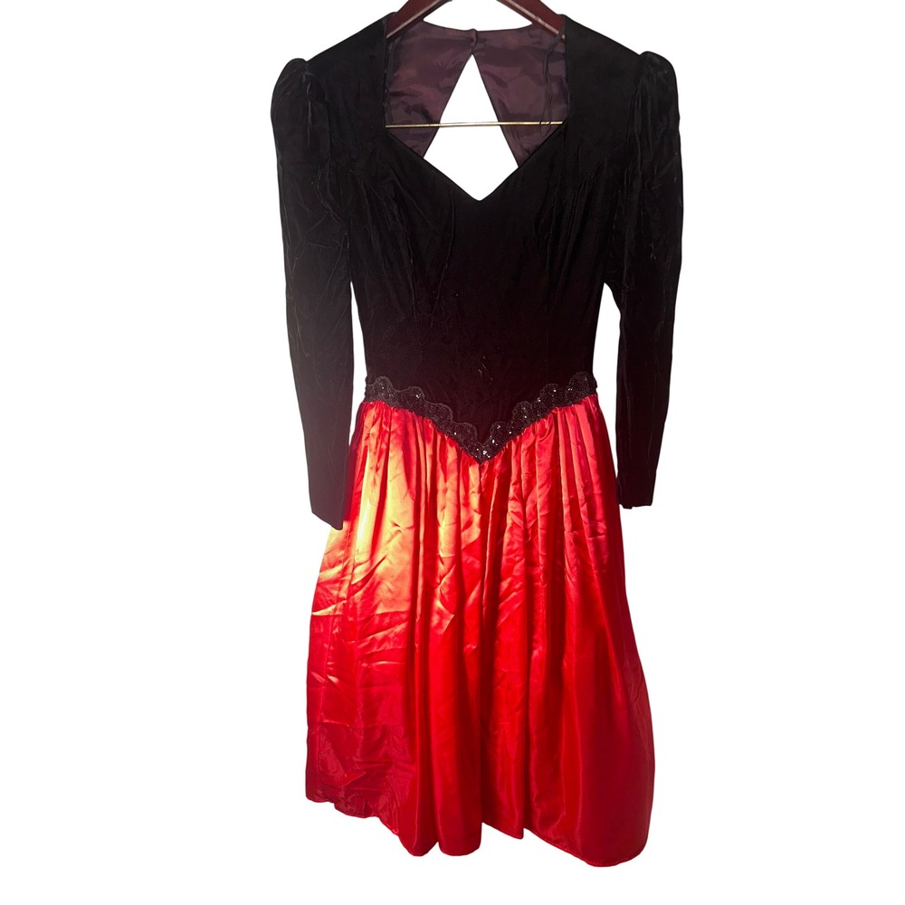Vintage Jessica McClintock Velvet Satin Dress Red Black Open Back 80s 90s Size 4